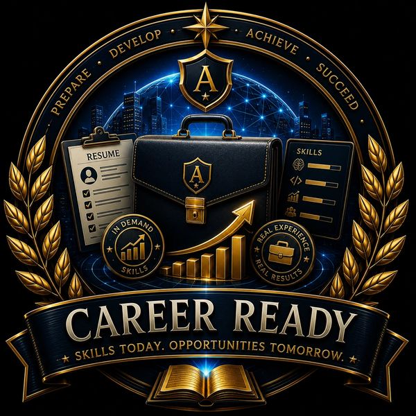 Career readiness emblem with skills, resume, growth chart, and briefcase icons.
