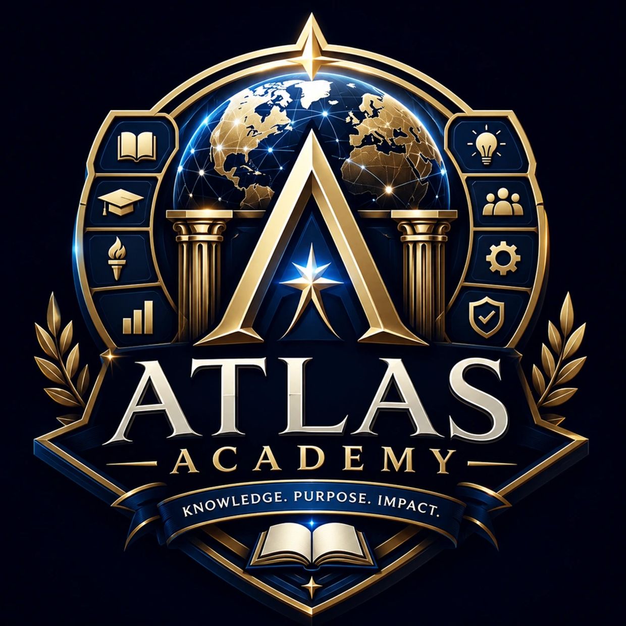 Elegant Atlas Academy logo featuring a globe and educational icons in gold and blue.