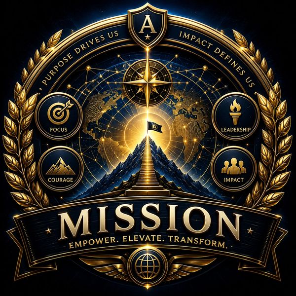 Golden mission emblem with mountain, stairs, and inspirational values.