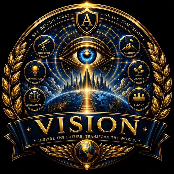 Golden vision emblem with an eye, cityscape, and icons symbolizing ambition, growth, and innovation.