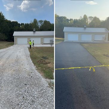 Before and after images of a driveway upgrade from gravel to asphalt.