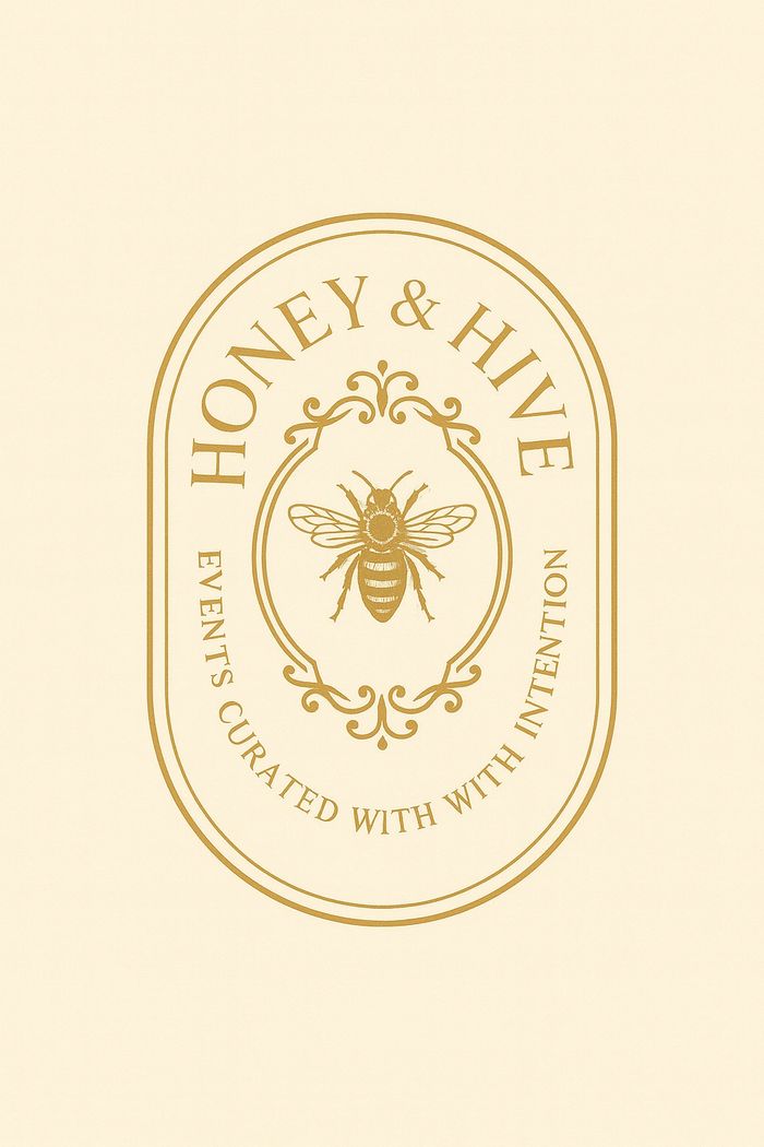 Elegant Honey & Hive Events logo featuring a bee emblem and the phrase “Events Curated with Intention” — representing luxury wedding planning and timeless design.
