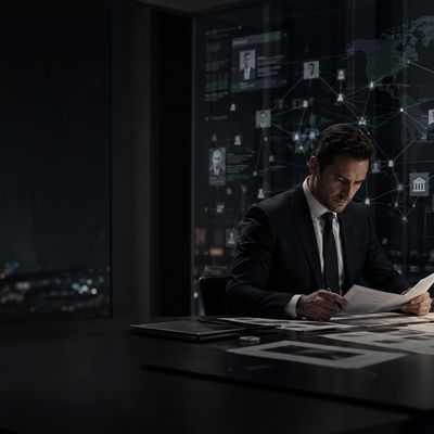 Man in suit analyzing documents in a high-tech office.