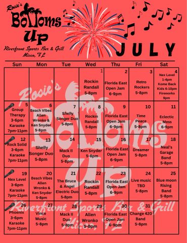 July event calendar for Rosie's Bottoms Up with live music and karaoke.