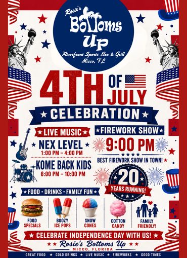 4th of July celebration with live music and fireworks at Rosie's Bottoms Up.