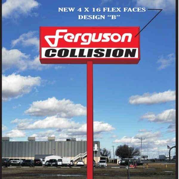 Outdoor sign for Ferguson Collision with clear sky background.