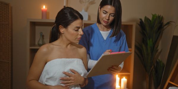 Woman consulting a healthcare professional in a cozy setting.