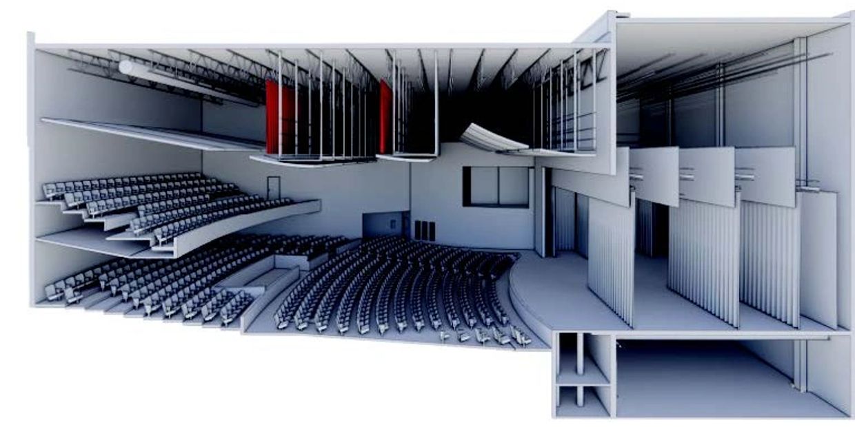 3D architectural model of a theater with seating and stage layout.