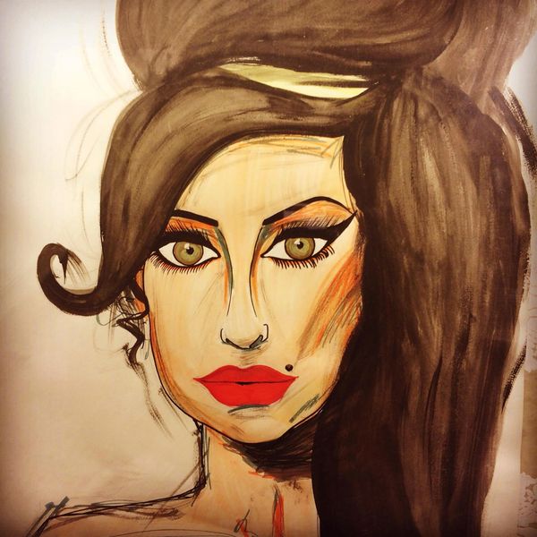 Amy wine house portrait, watercolor and marker mixed media