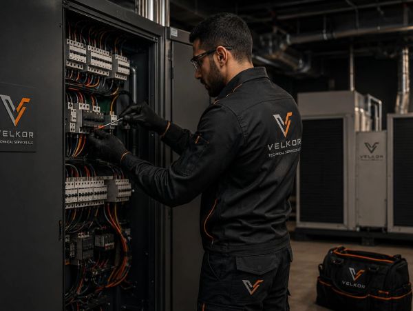 Technician working on electrical panel in a structured industrial setting.