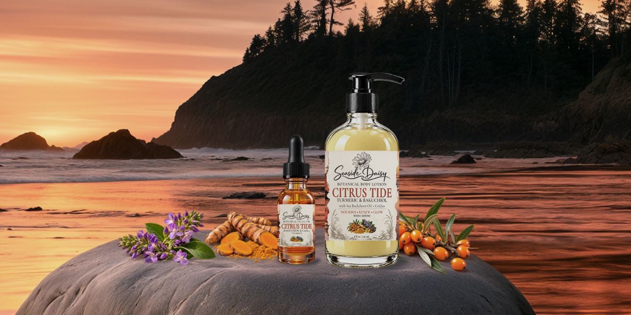 Seaside Daisy Citrus Tide body lotion and oil with natural ingredients at sunset beach.