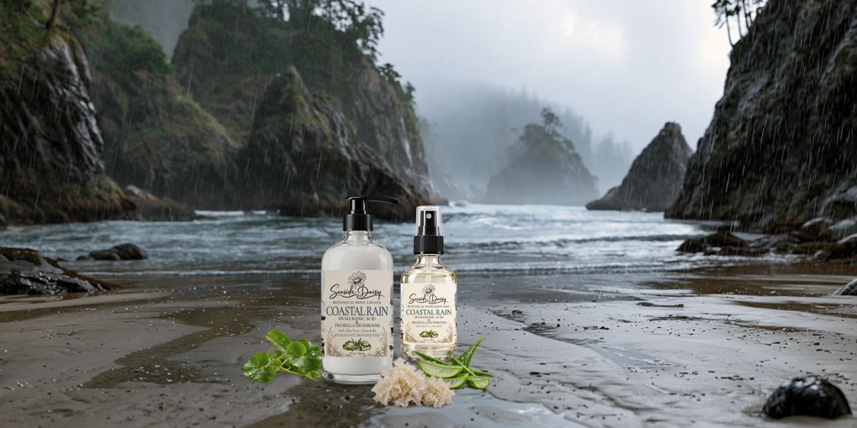 Botanical skincare products on a rainy beach with rocky cliffs.