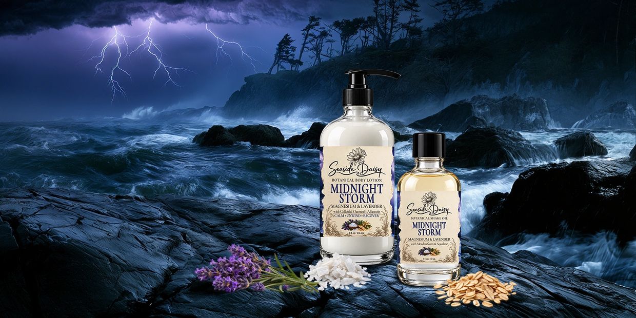 Midnight Storm lotions with stormy ocean background and lavender.