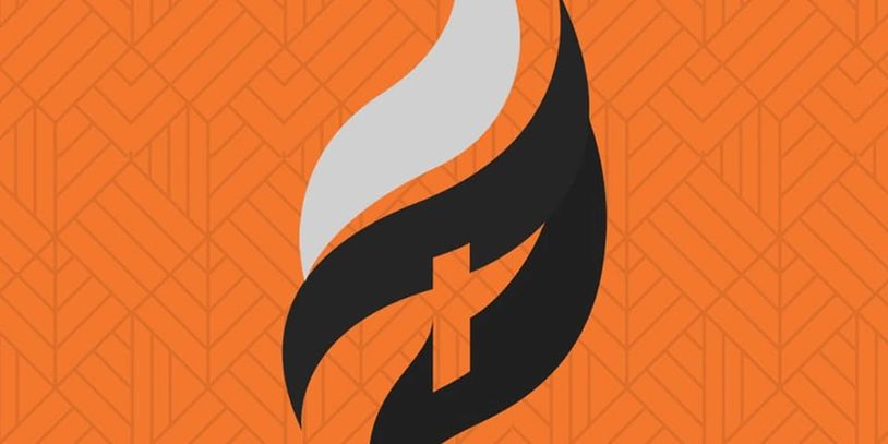 A stylized flame with a cross on an orange patterned background.