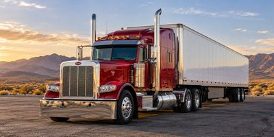 Red semi-truck parked at sunset in a desert landscape.