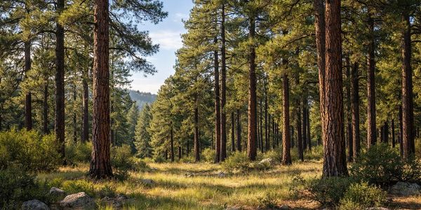 A serene pine forest with sunlight filtering through tall trees.