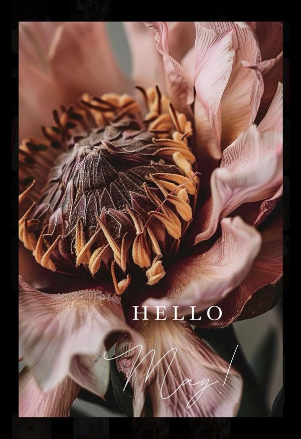 Close-up of a pink flower with text greeting the month of May.