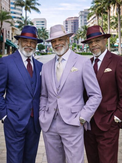 Three stylish men in colorful suits and hats posing outdoors in an urban setting.