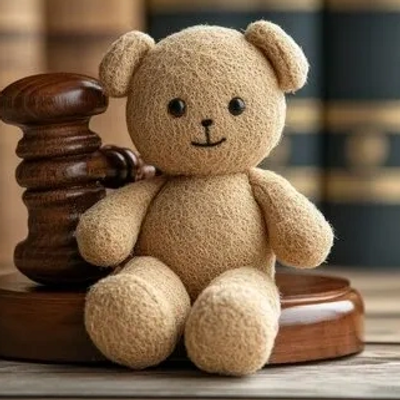 Teddy bear beside a gavel symbolizing parenting and child custody decisions that prioritize children