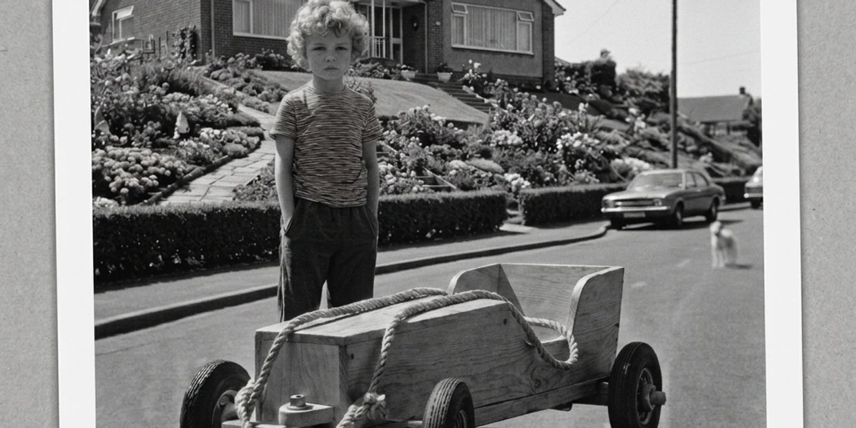 Boy standing next to a homemade wooden go-kart on a suburban street.