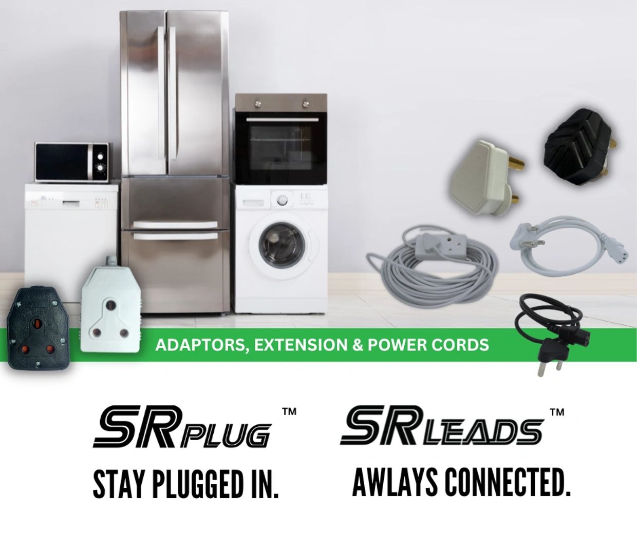 SR Plug and SR Leads adaptors, extension cords and power cords products range 