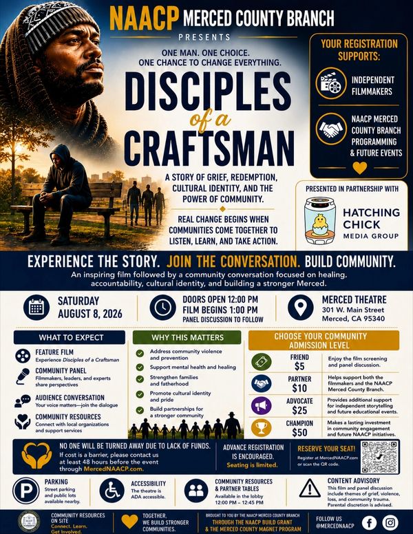 Flyer for the NAACP Merced County Branch screening of Disciples of a Craftsman on August 8, 2026, at