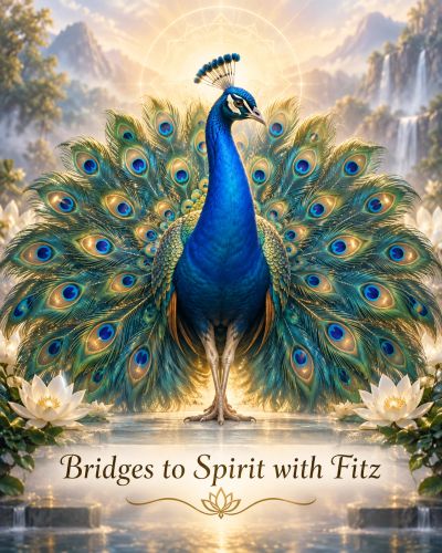 Majestic peacock with spread feathers in a serene setting.