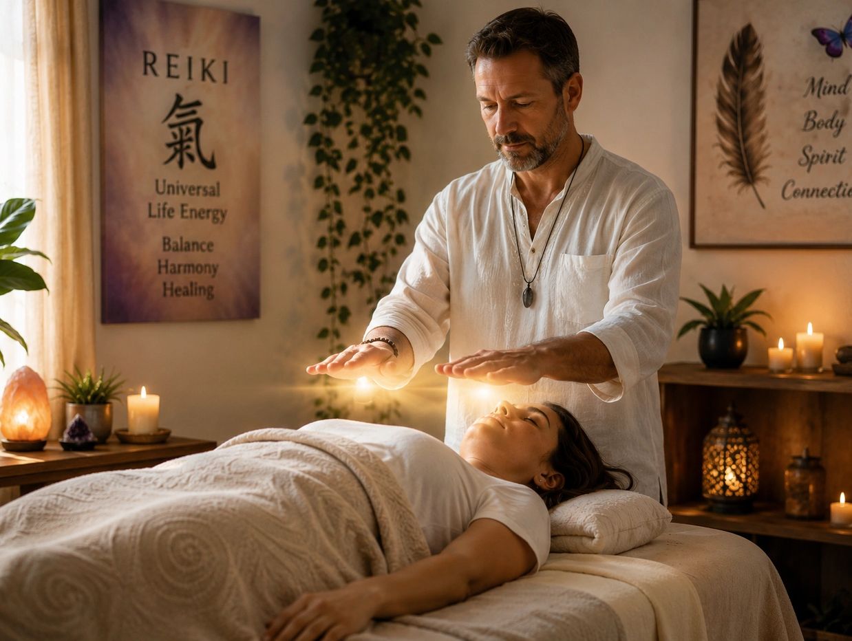 Man performing Reiki healing on a woman.