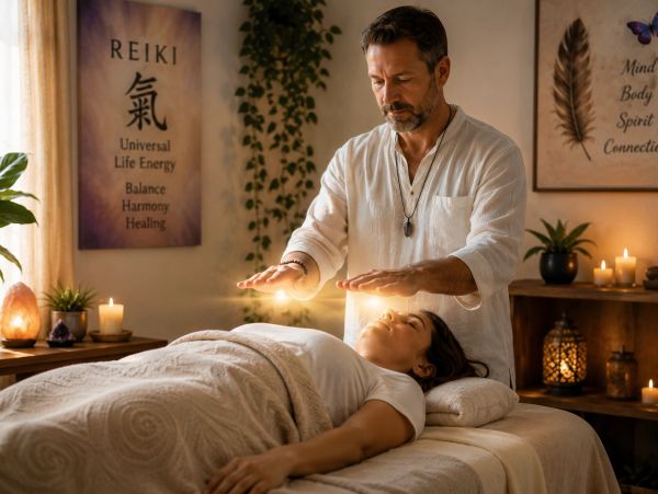 Man performing Reiki healing on a woman.