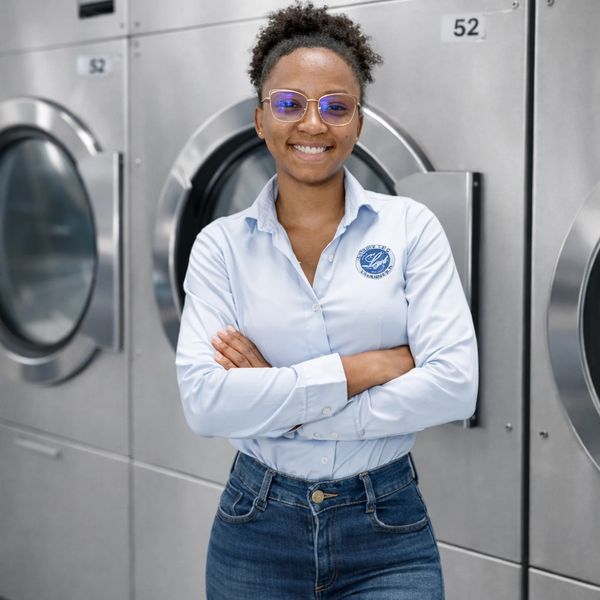 Confident woman standing with arms crossed in a laundromat.