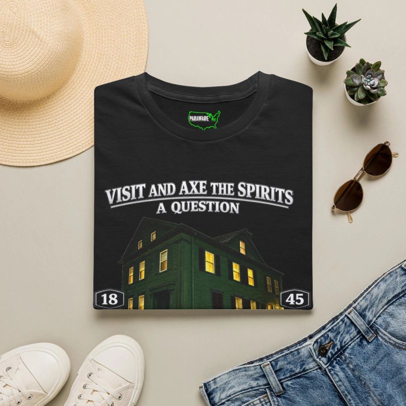Black t-shirt with ghostly house design and text about spirits.