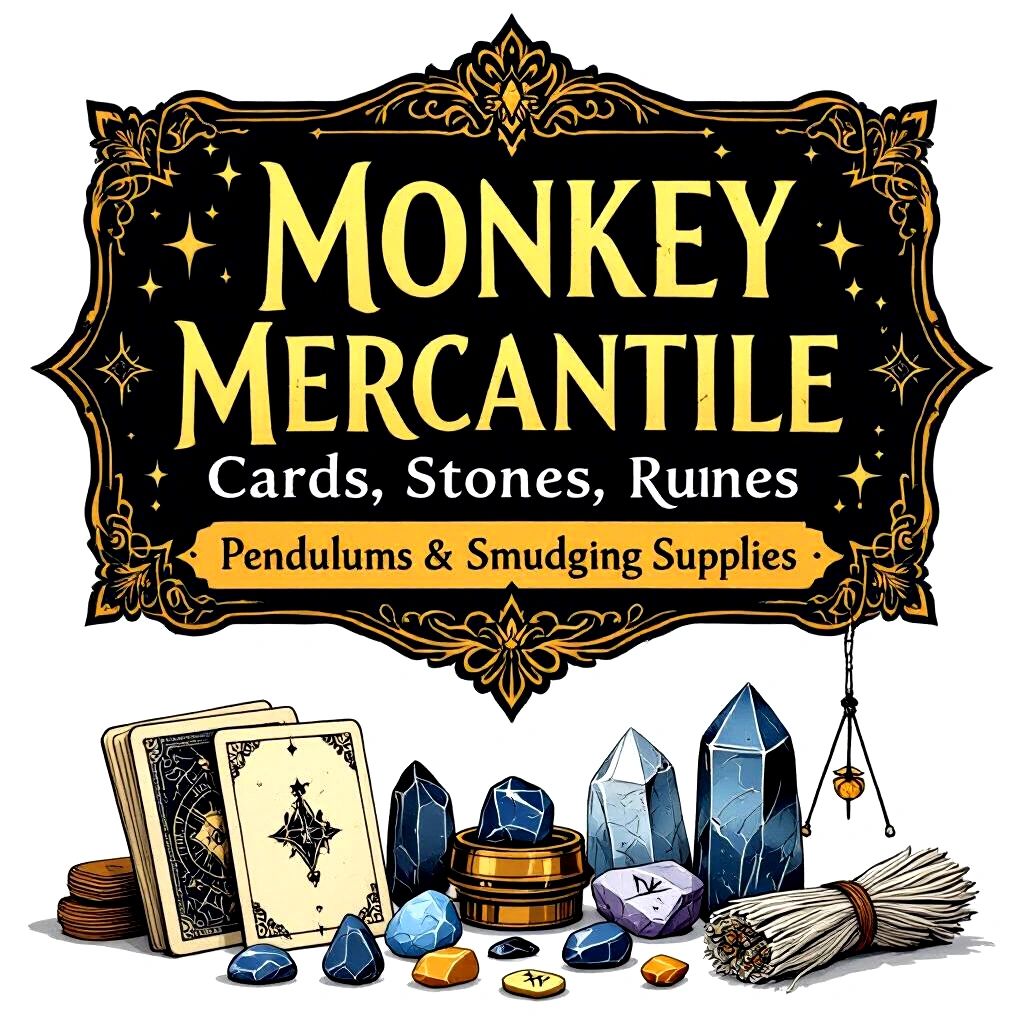 Logo for Monkey Mercantile, offering cards, stones, runes, pendulums, and smudging supplies.