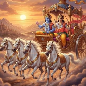 Divine chariot carrying two Hindu deities riding white horses at sunrise.