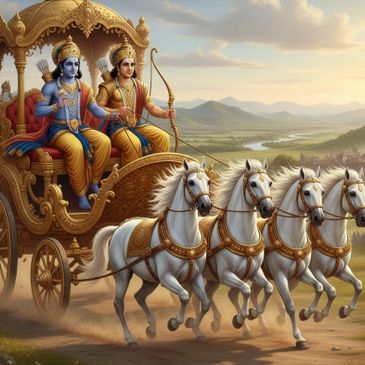 Lord Krishna and Arjuna riding a chariot drawn by four white horses.
