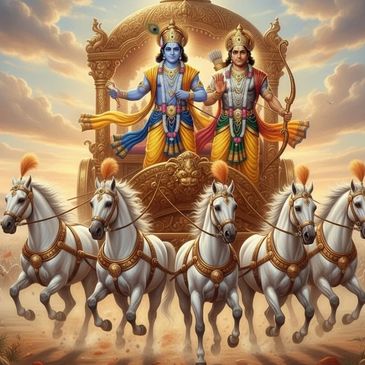Divine chariot with two Hindu deities riding five white horses in a majestic sky.