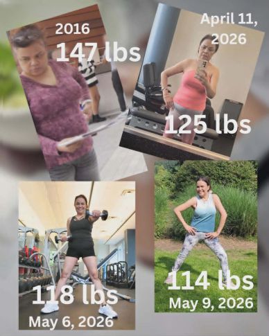 Woman's fitness journey showing weight loss and muscle gain from 2016 to 2026.