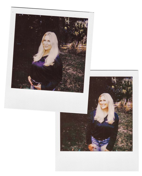 Two Polaroid photos of a smiling blonde woman outdoors in casual attire.