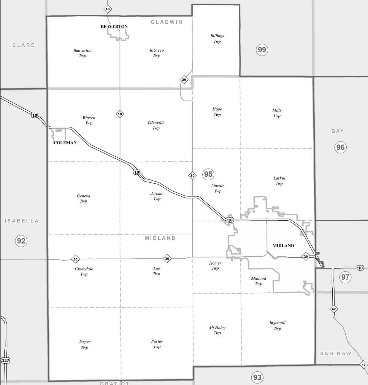 Black and white map of Midland County, Michigan with townships and highways.