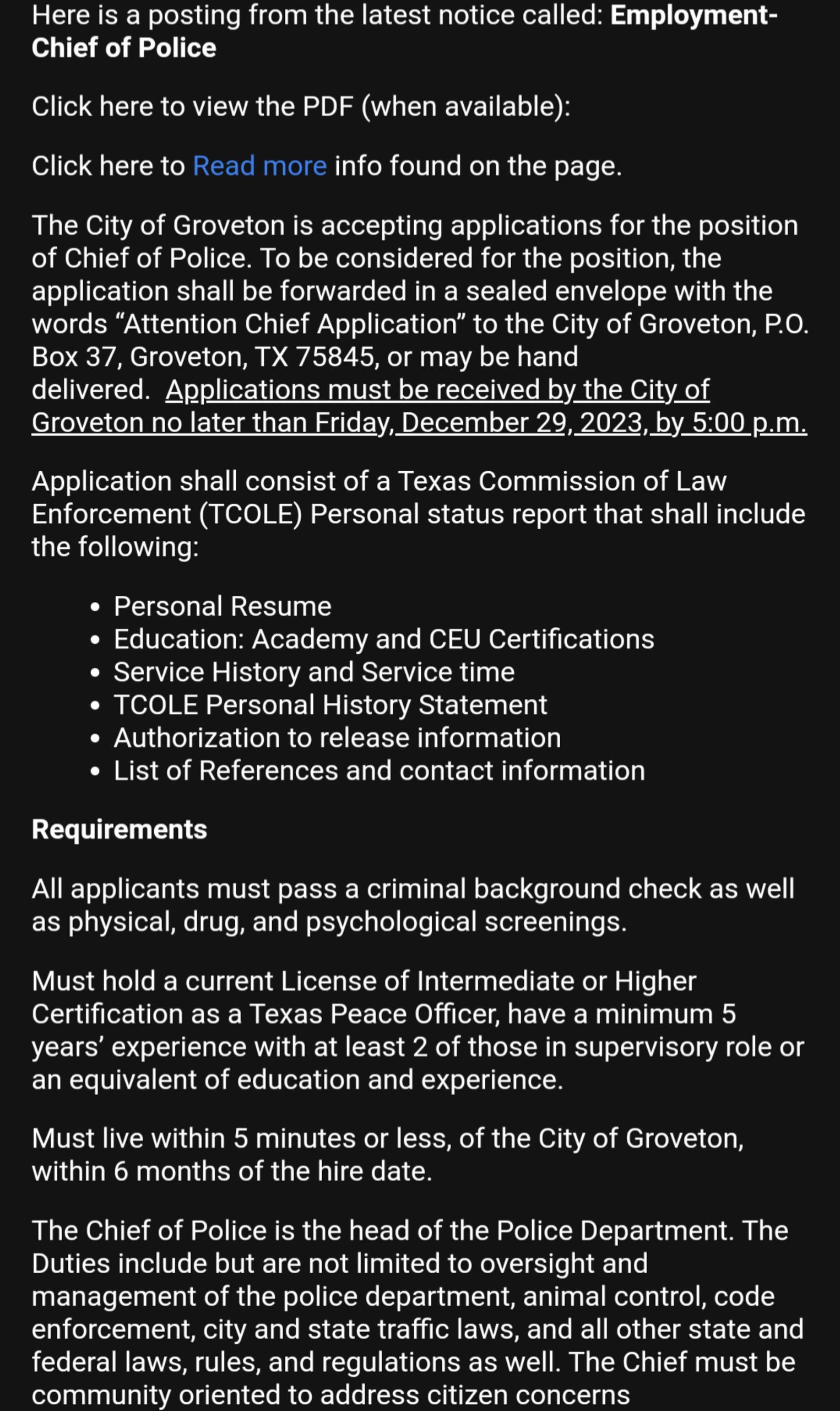 Groveton Hiring New Police Chief