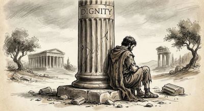 A man sits dejected by a cracked pillar labeled 'Dignity' amid ancient ruins.
