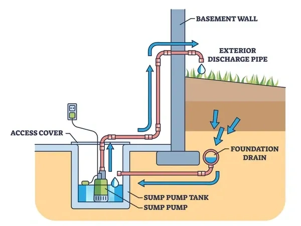Sump pump diagram: Foundation drainage and water discharge explained for home flood prevention.