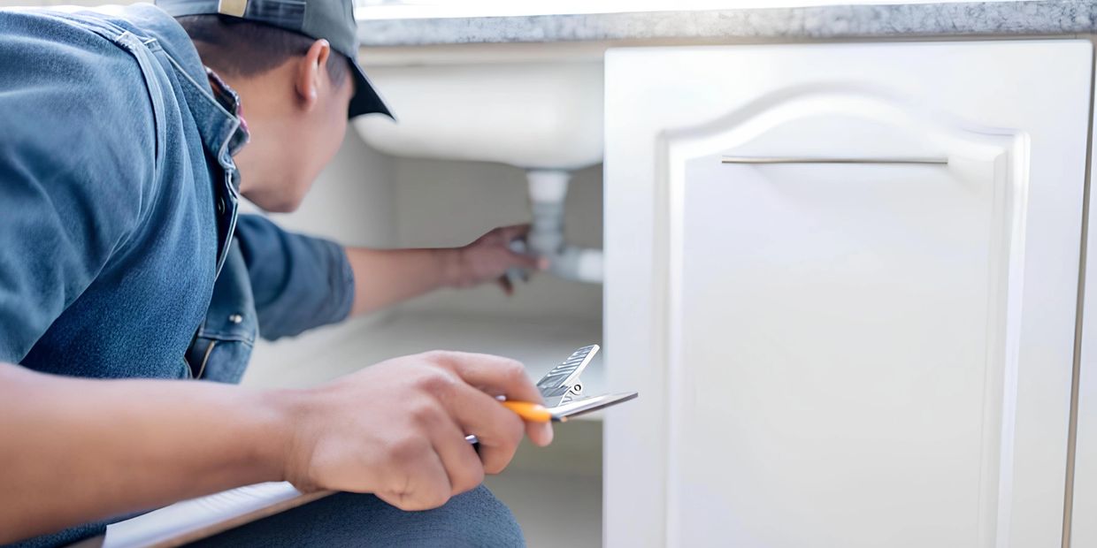 Plumber doing a professional inspection under the sink of a customer's bathroom.