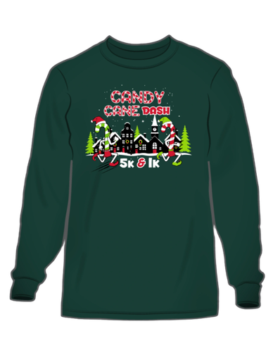 Dark green long-sleeve shirt with festive candy cane dash 5k and 1k design.