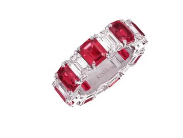 Natural ruby and lab grown diamond eternity band