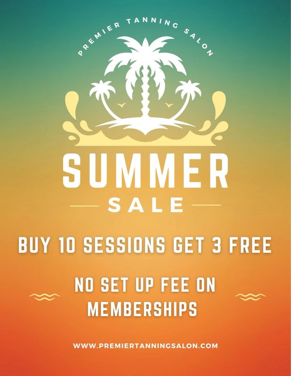 Summer sale at Premier Tanning Salon with free sessions and no setup fee on memberships.