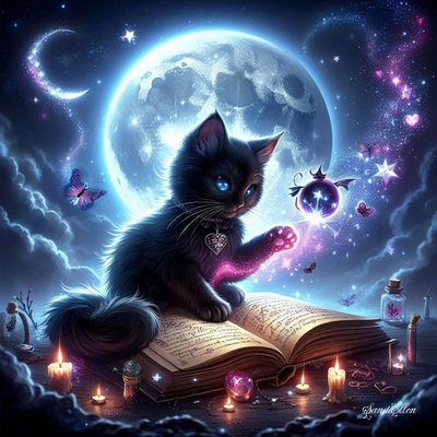 A magical black cat casting spells under a glowing full moon.
