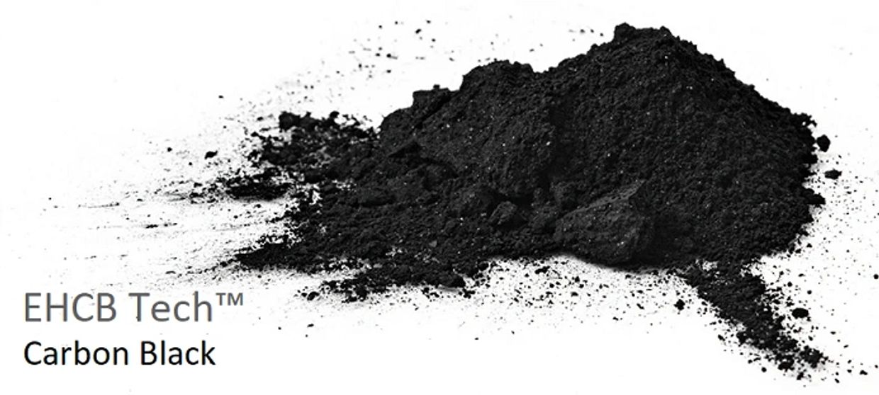 Pile of black carbon powder labeled EHCB Tech.
