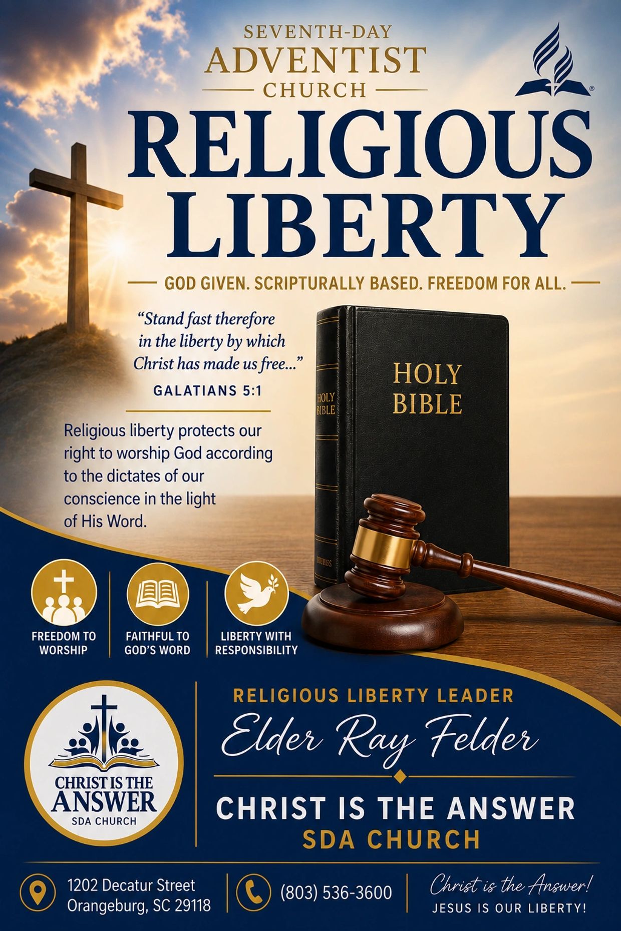 Seventh-day Adventist Church promoting religious liberty with a Bible, cross, and gavel.