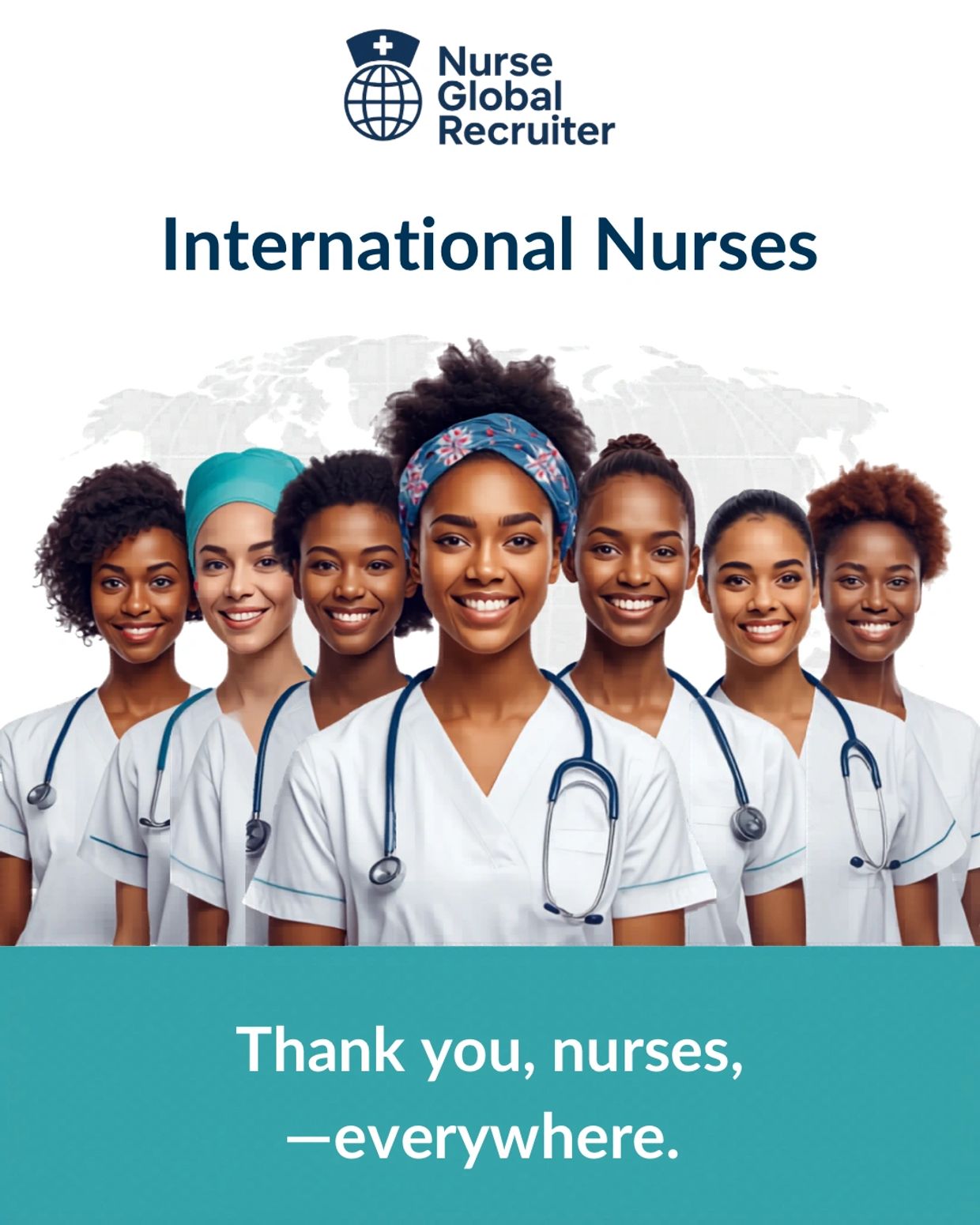 Diverse international nurses smiling, appreciating their global impact.