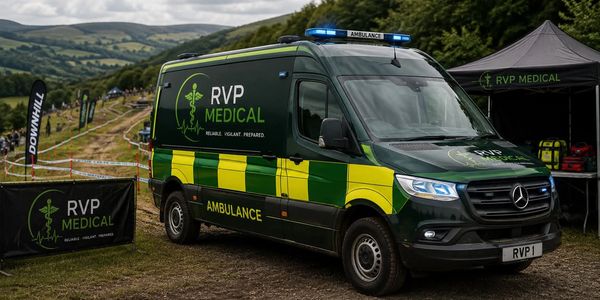 RVP Medical ambulance at an outdoor event in a hilly area.